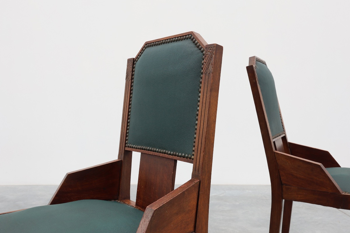 Ensemble de 6 chaises de salle à manger Art Déco en bois avec revêtement d'origine, 1930-photo-5