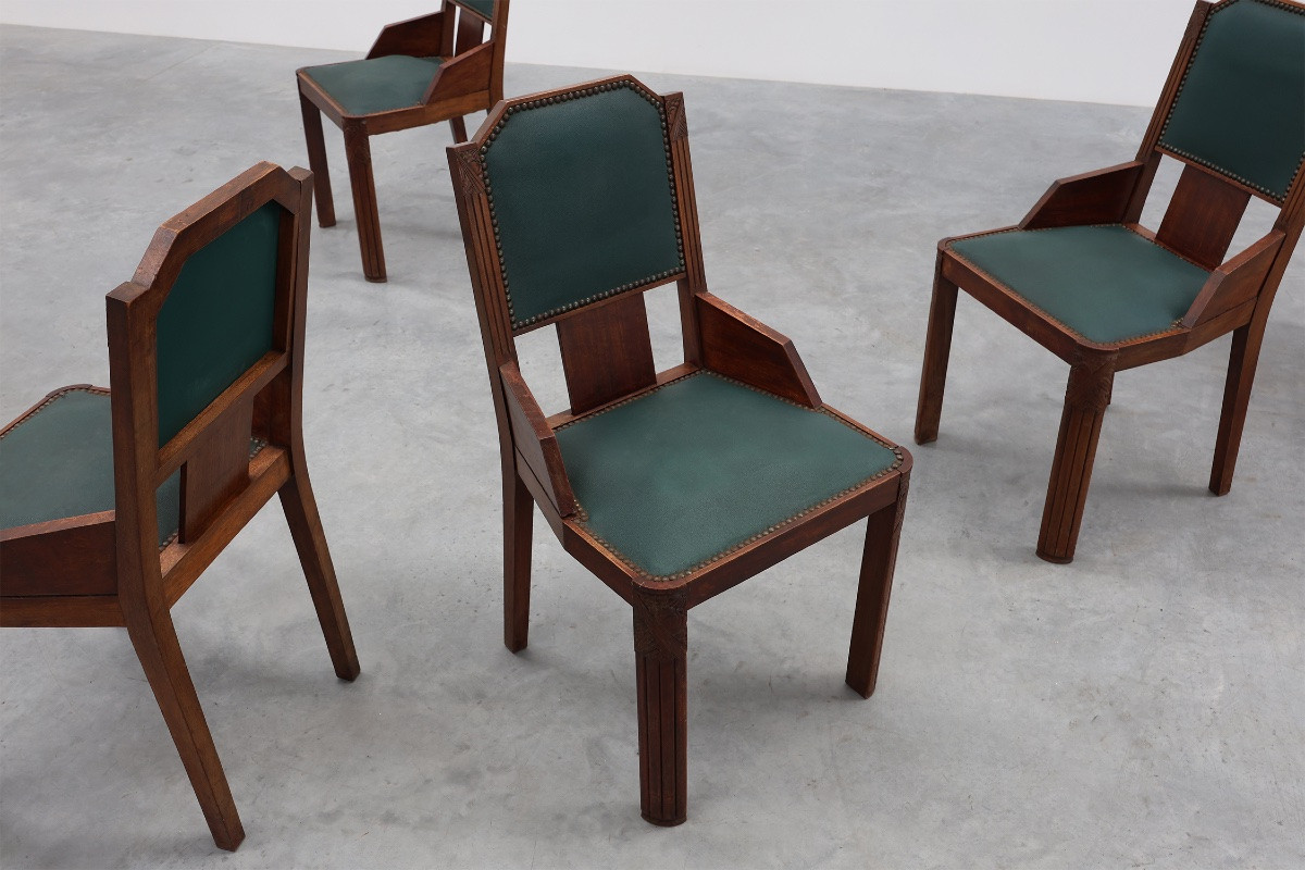 Ensemble de 6 chaises de salle à manger Art Déco en bois avec revêtement d'origine, 1930-photo-6