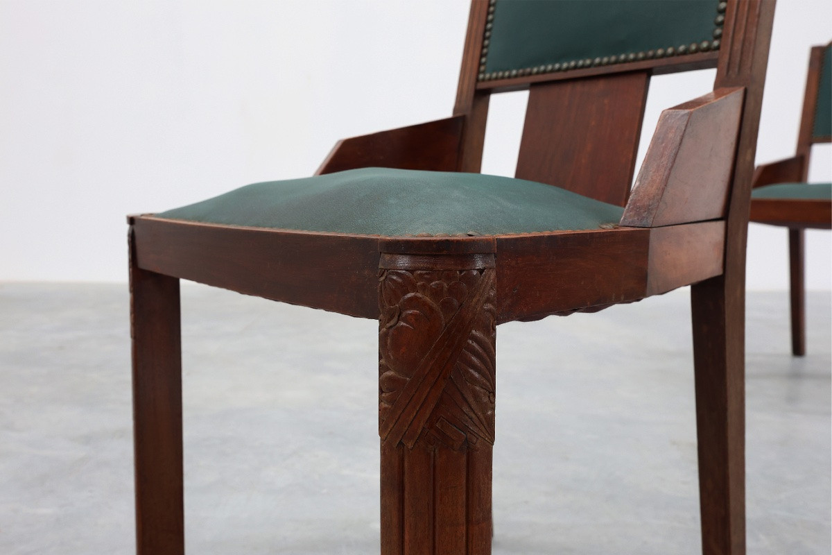 Ensemble de 6 chaises de salle à manger Art Déco en bois avec revêtement d'origine, 1930-photo-7