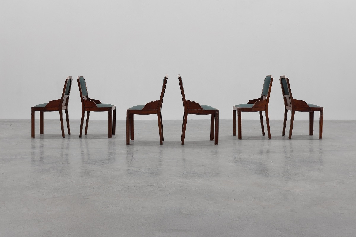 Ensemble de 6 chaises de salle à manger Art Déco en bois avec revêtement d'origine, 1930-photo-8