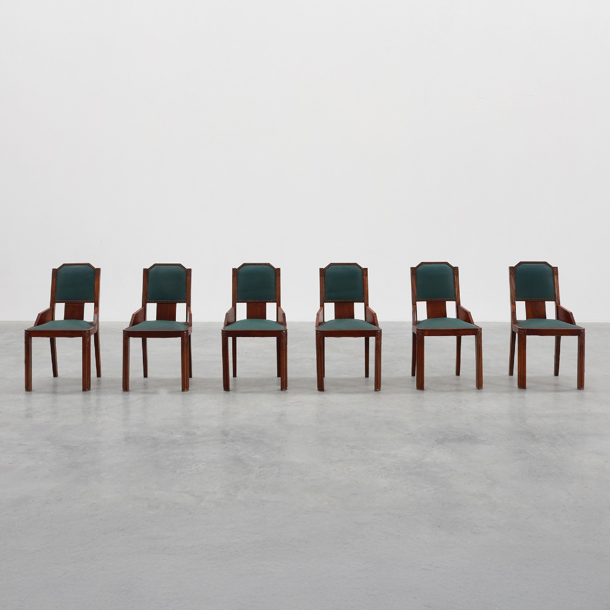 Ensemble de 6 chaises de salle à manger Art Déco en bois avec revêtement d'origine, 1930