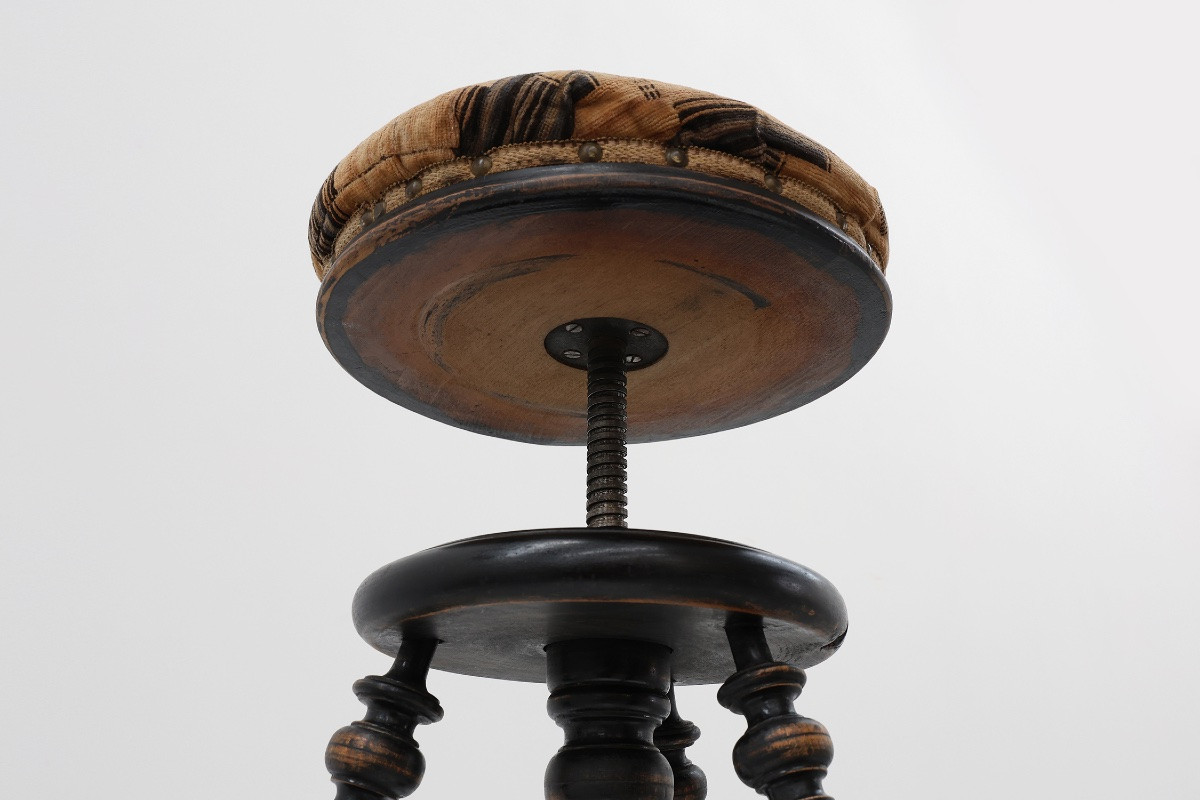 Tabouret de piano Art Déco réglable avec revêtement d'origine, France, années 1920-photo-6