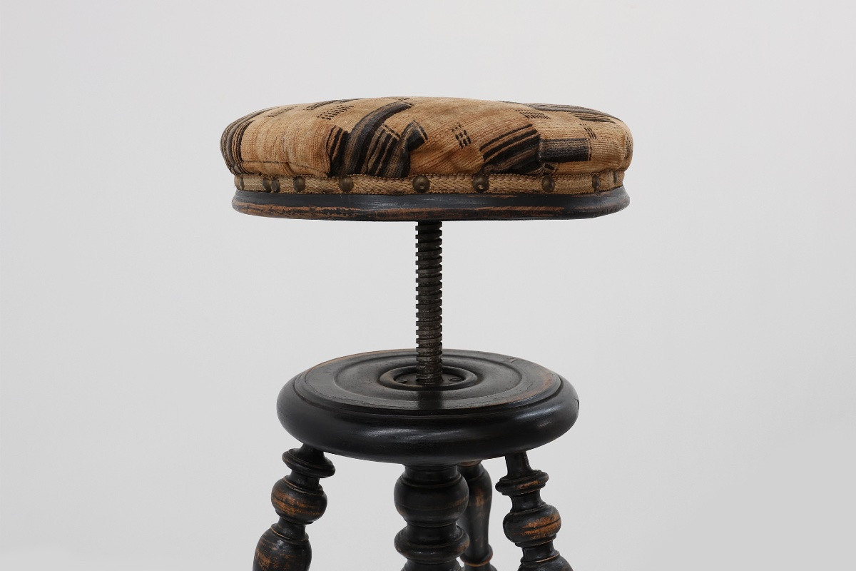 Tabouret de piano Art Déco réglable avec revêtement d'origine, France, années 1920-photo-7