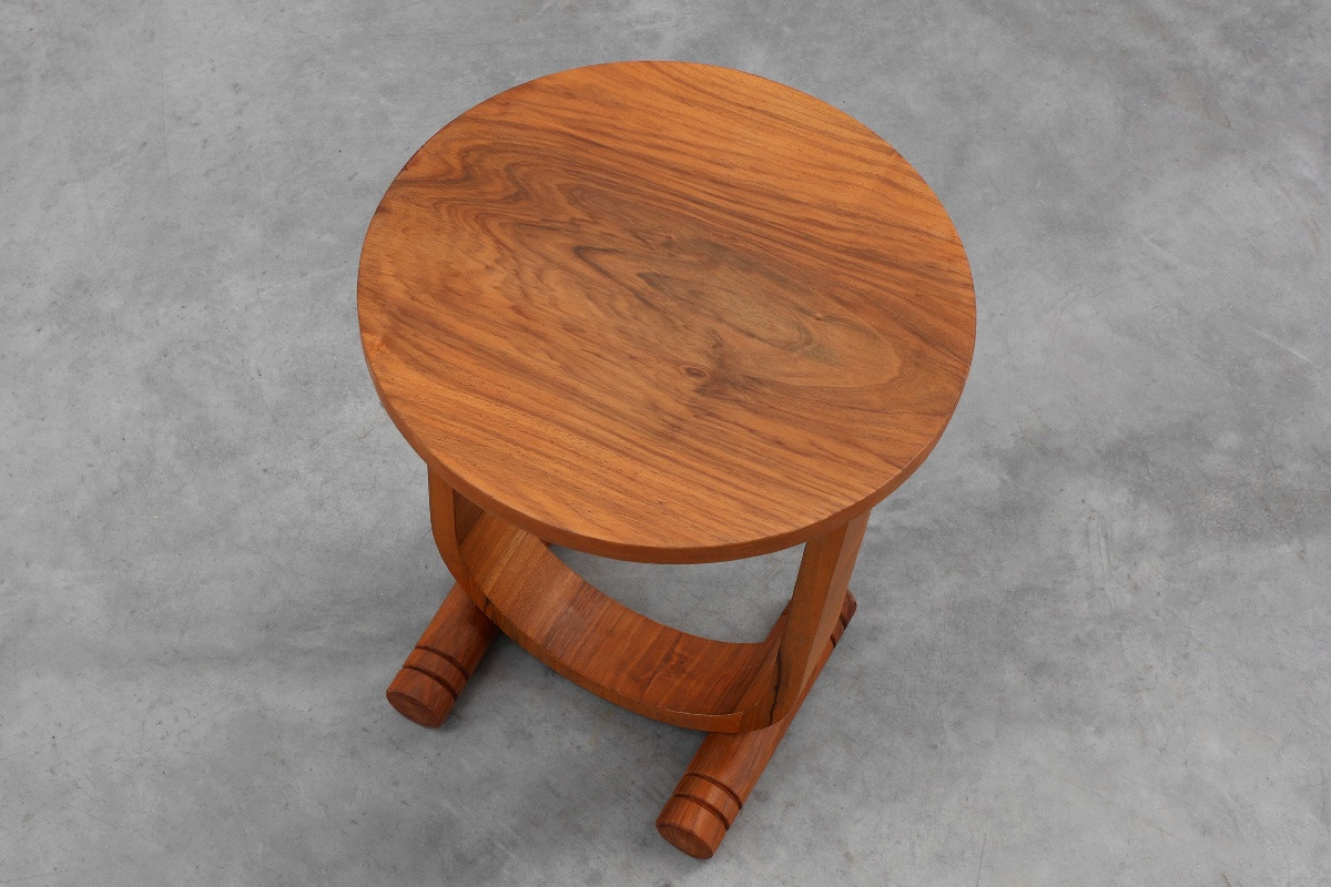 Art Deco Round Oak Side Table With Curved Leg, France, 1920s-photo-2