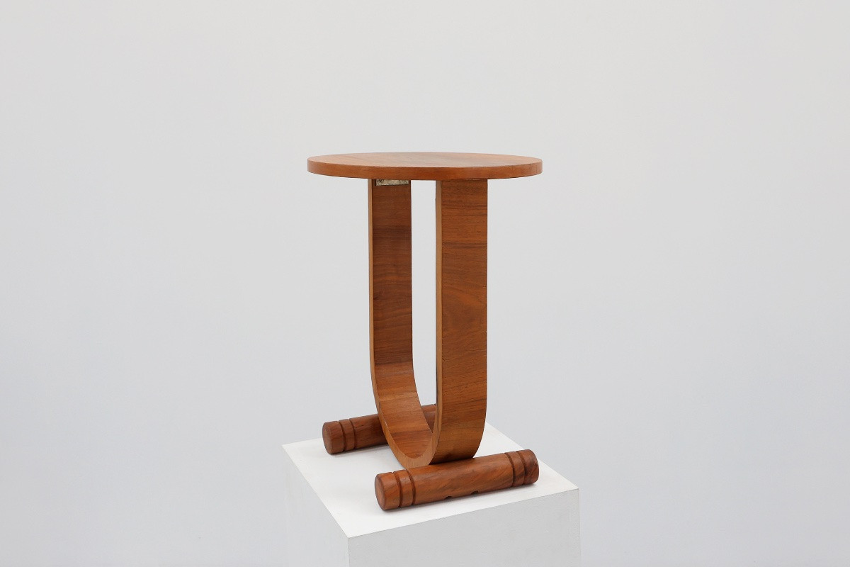 Art Deco Round Oak Side Table With Curved Leg, France, 1920s-photo-8