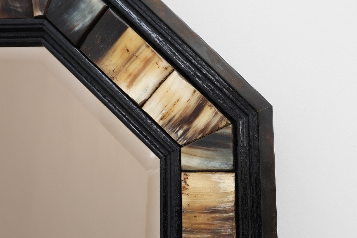 Octagonal Brass And Horn Mirror With Beveled Mirror Plate By Anthony Redmile, 1980s-photo-3