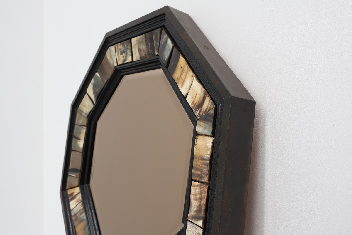 Octagonal Brass And Horn Mirror With Beveled Mirror Plate By Anthony Redmile, 1980s-photo-3
