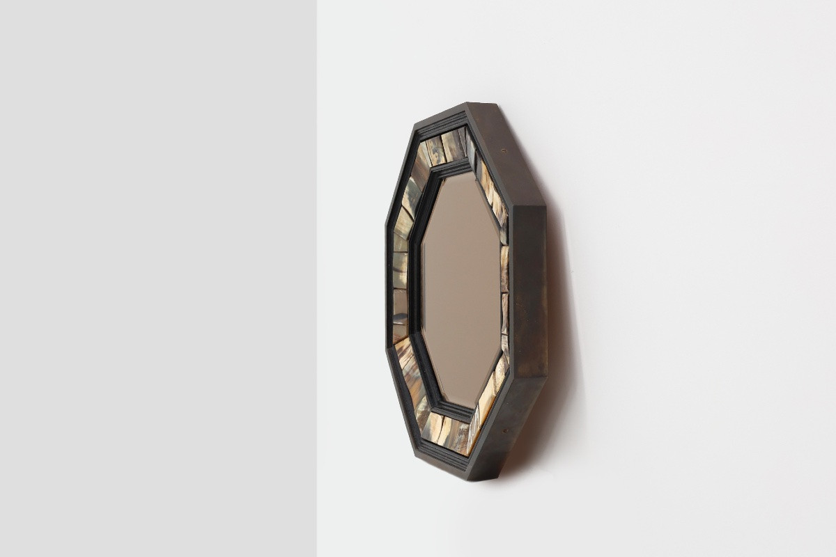 Octagonal Brass And Horn Mirror With Beveled Mirror Plate By Anthony Redmile, 1980s-photo-6