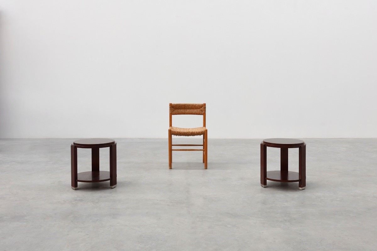 Paire de deux tables d'appoint rondes en bois et métal, Belgique, vers 1980-photo-2