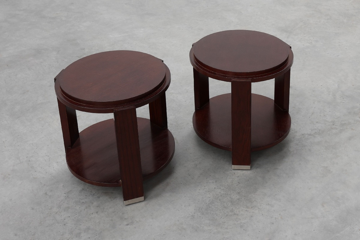 Paire de deux tables d'appoint rondes en bois et métal, Belgique, vers 1980-photo-2