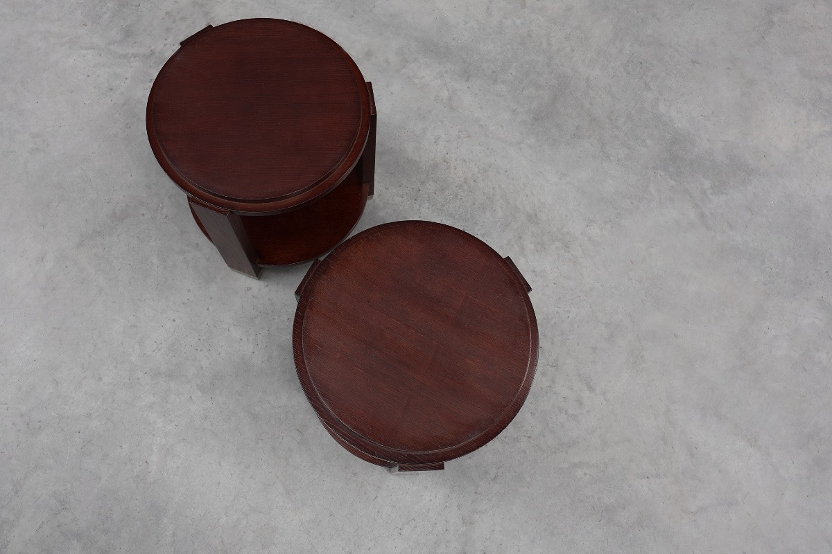 Paire de deux tables d'appoint rondes en bois et métal, Belgique, vers 1980-photo-3