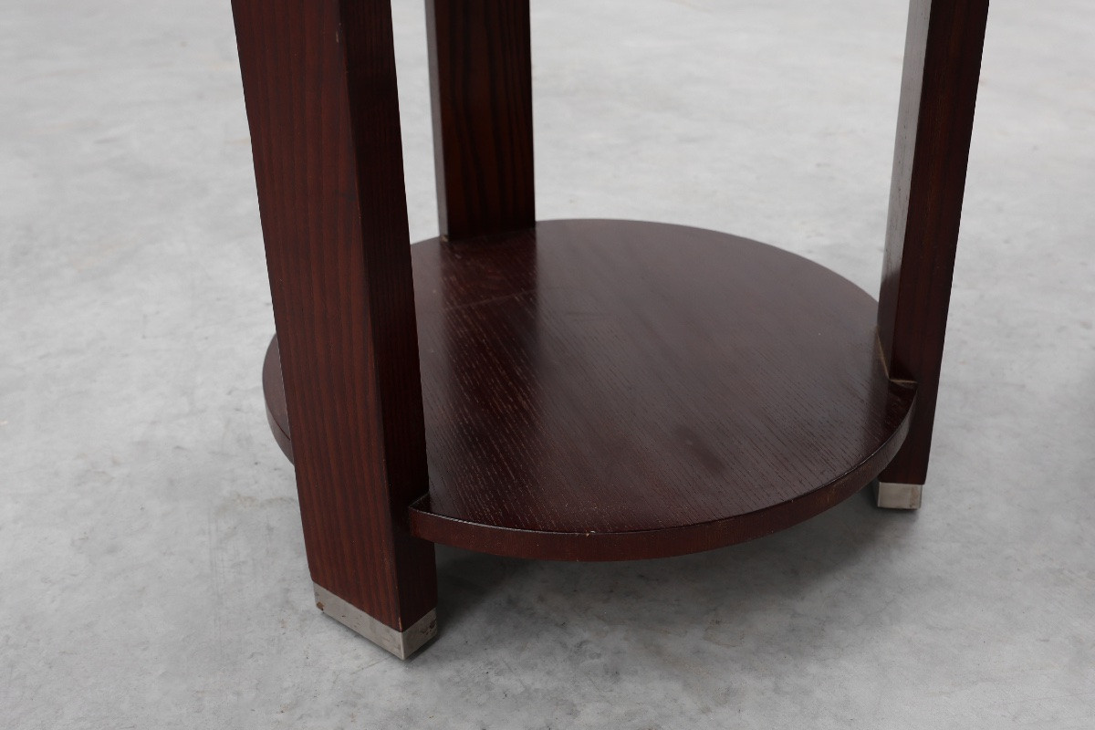 Paire de deux tables d'appoint rondes en bois et métal, Belgique, vers 1980-photo-7