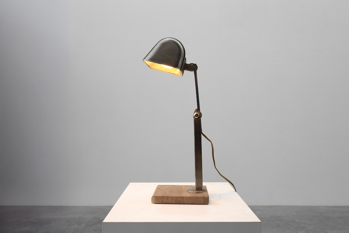 Lampe de bureau Art Déco en métal et travertin, Belgique, années 1930-photo-4