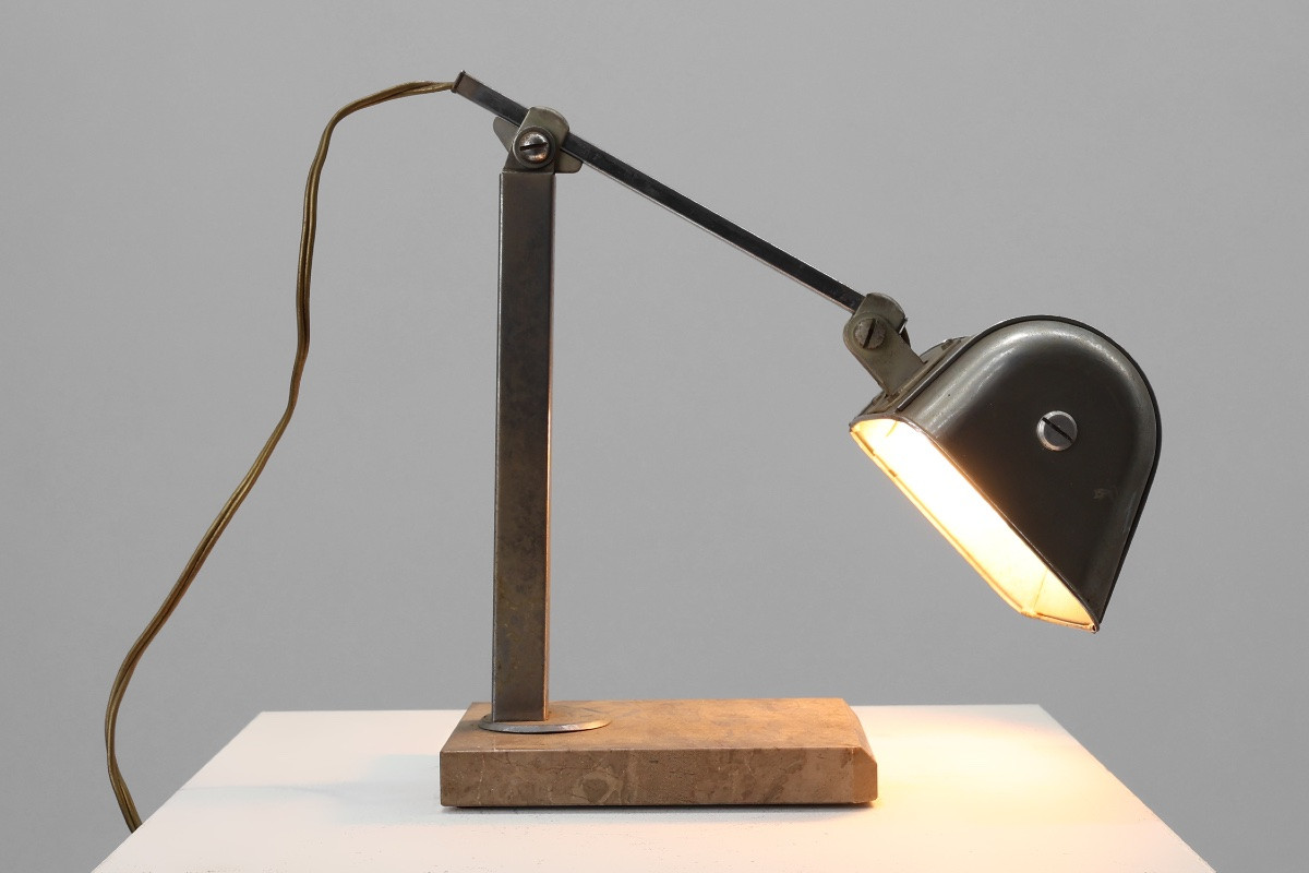 Lampe de bureau Art Déco en métal et travertin, Belgique, années 1930-photo-1