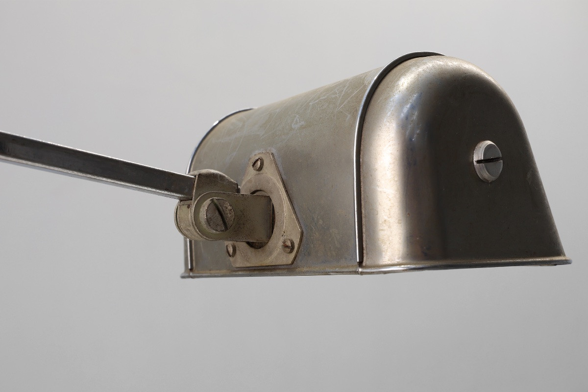 Lampe de bureau Art Déco en métal et travertin, Belgique, années 1930-photo-4