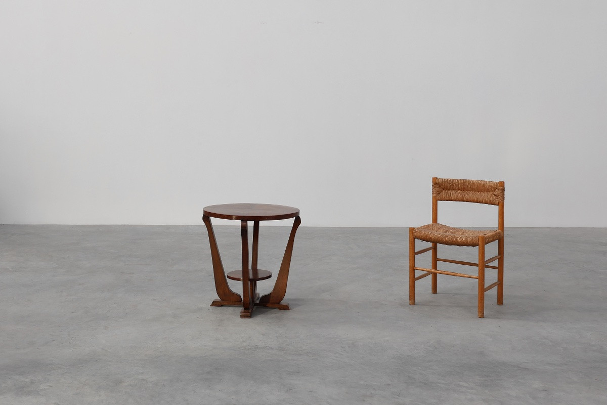 Art Deco Oak Side Table With Sculptural Base And Geometric Top, Belgium, 1920-photo-2