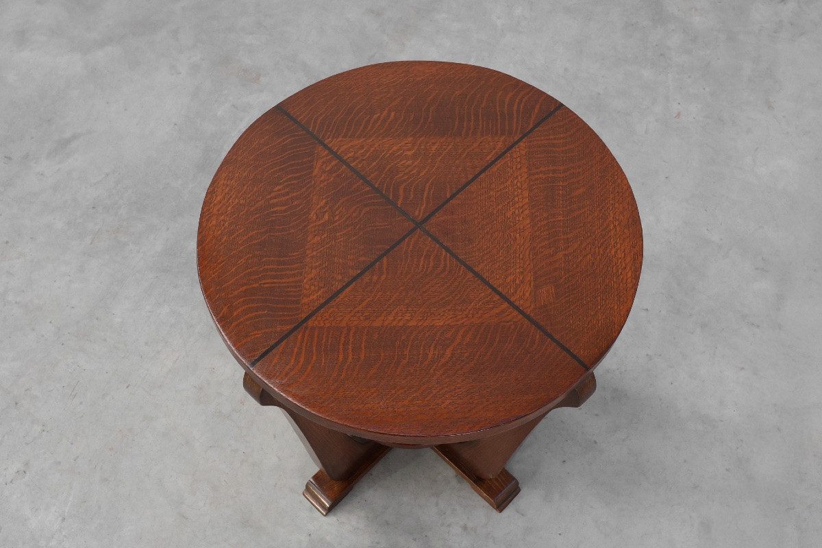 Art Deco Oak Side Table With Sculptural Base And Geometric Top, Belgium, 1920-photo-1