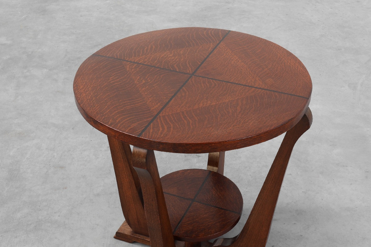 Art Deco Oak Side Table With Sculptural Base And Geometric Top, Belgium, 1920-photo-2