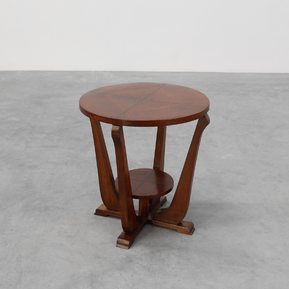 Art Deco Oak Side Table With Sculptural Base And Geometric Top, Belgium, 1920