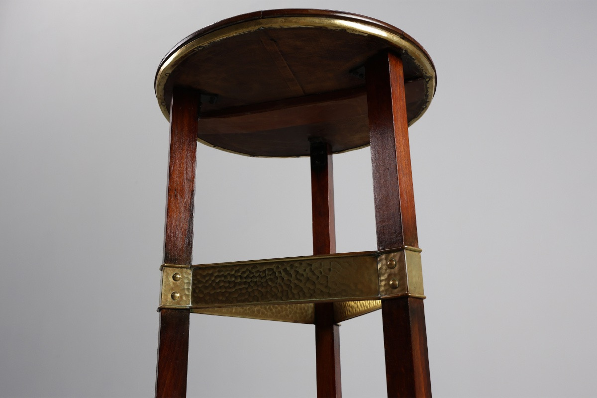 Table piédestal Art Nouveau en bois et laiton, Belgique, vers 1910-photo-3