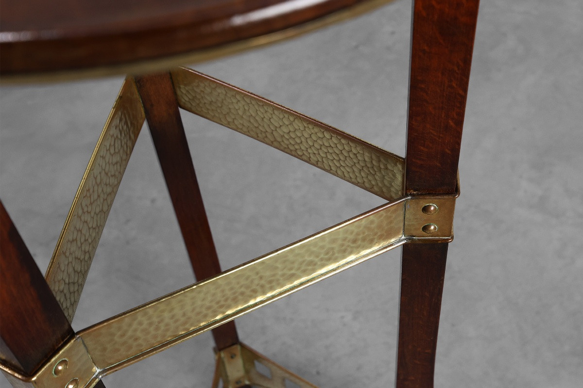 Table piédestal Art Nouveau en bois et laiton, Belgique, vers 1910-photo-7