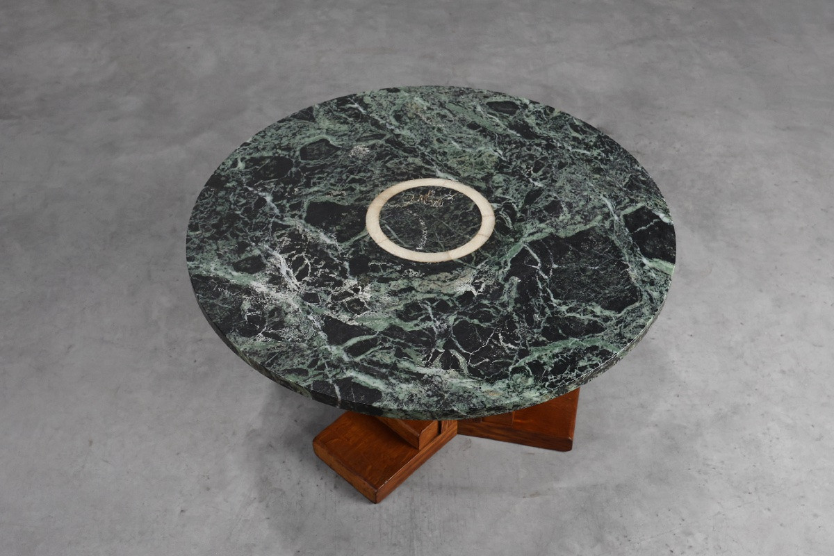 Art Deco Low Table In Oak And Green Marble, France, 1920-photo-2