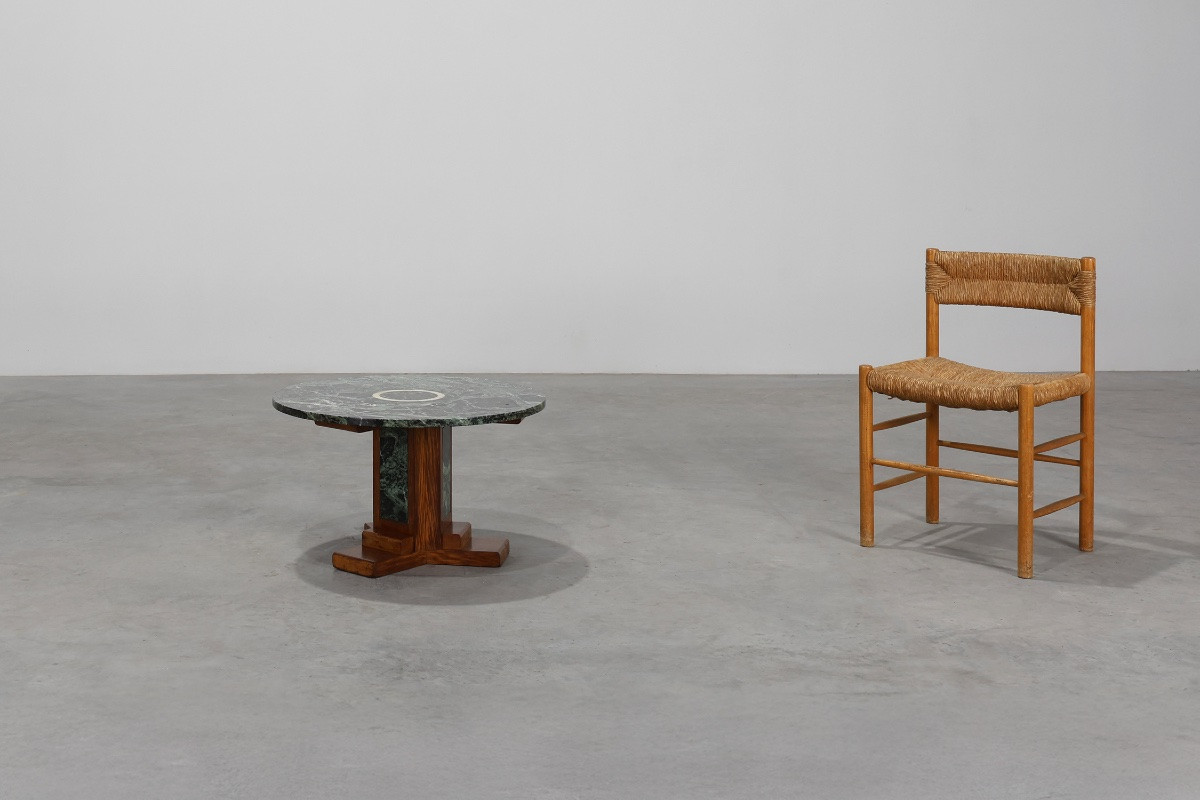 Art Deco Low Table In Oak And Green Marble, France, 1920-photo-3