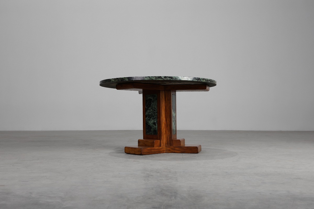 Art Deco Low Table In Oak And Green Marble, France, 1920-photo-3