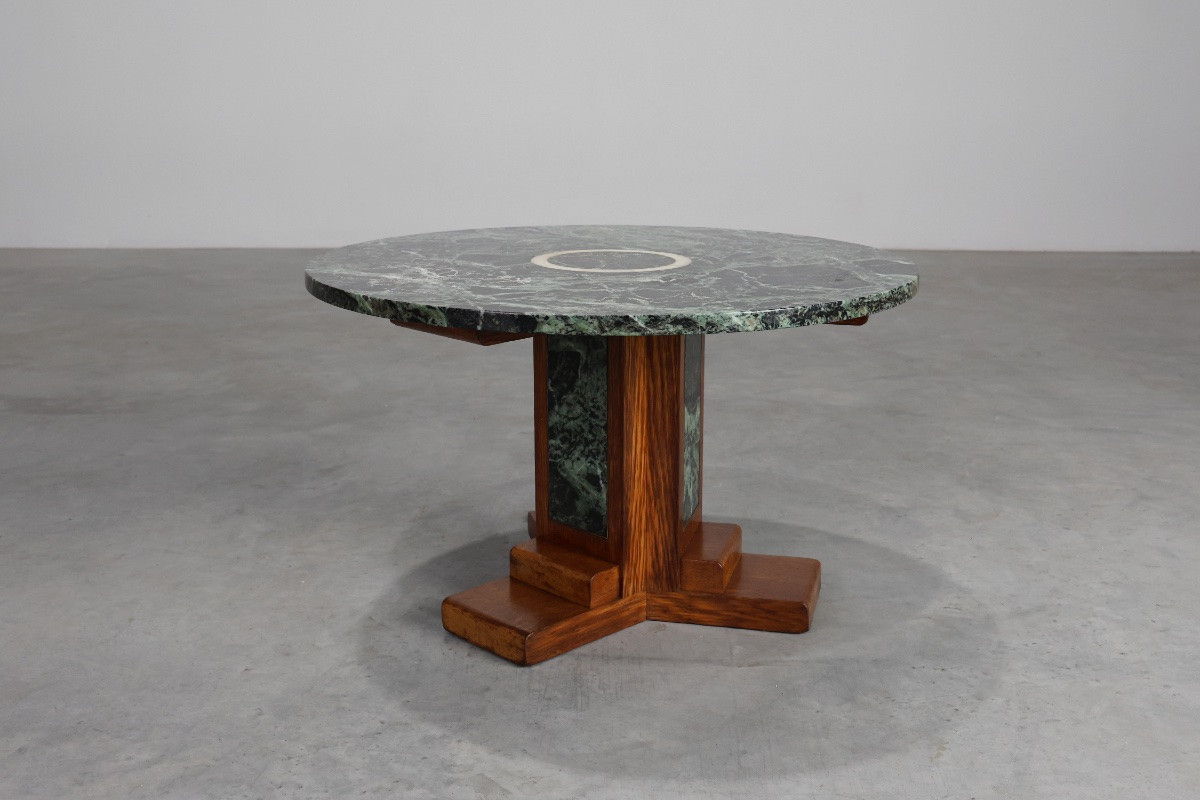 Art Deco Low Table In Oak And Green Marble, France, 1920-photo-7