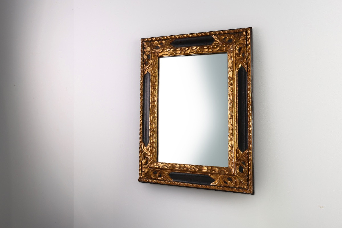 Miroir baroque sculpté en  bois noir et doré, France, années 1850-photo-2