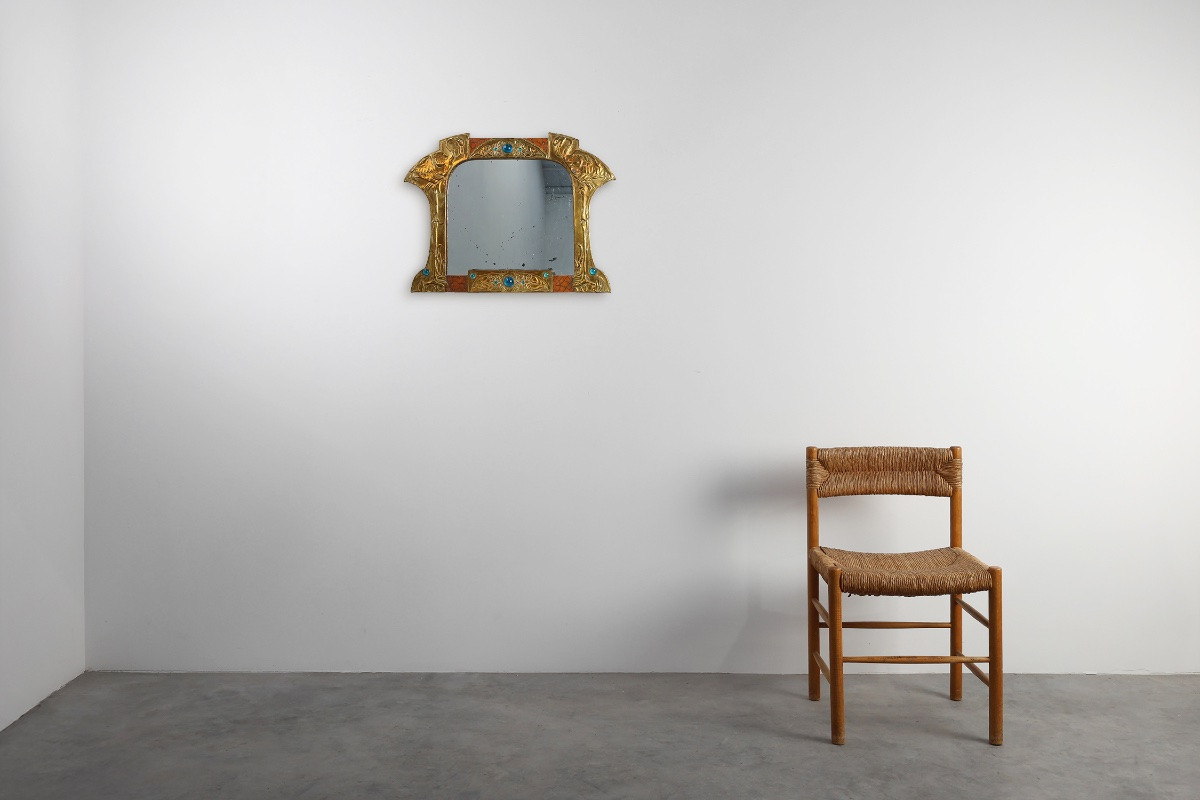 Art Nouveau Mirror In Brass And Glass Marquetry, Signed Ah Villaket, France Circa 1910-photo-2