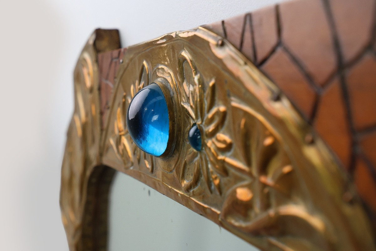 Art Nouveau Mirror In Brass And Glass Marquetry, Signed Ah Villaket, France Circa 1910-photo-4