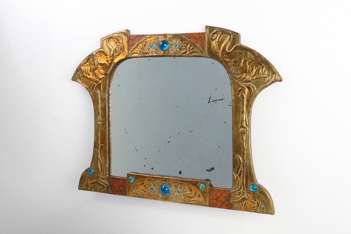 Art Nouveau Mirror In Brass And Glass Marquetry, Signed Ah Villaket, France Circa 1910-photo-1
