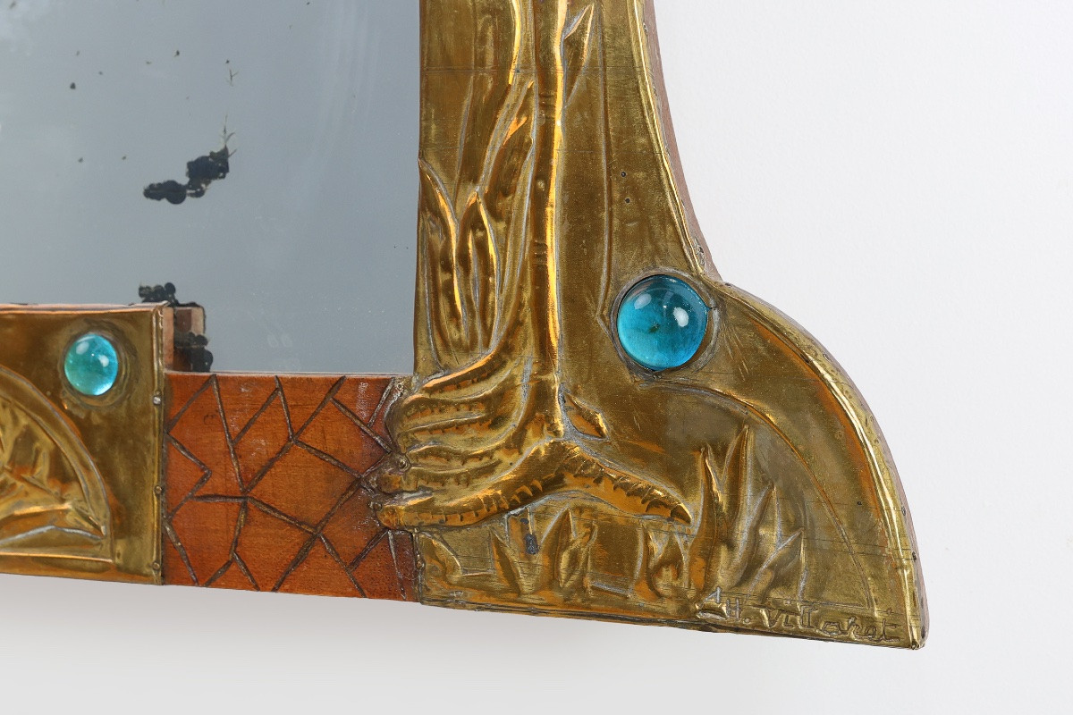 Art Nouveau Mirror In Brass And Glass Marquetry, Signed Ah Villaket, France Circa 1910-photo-2
