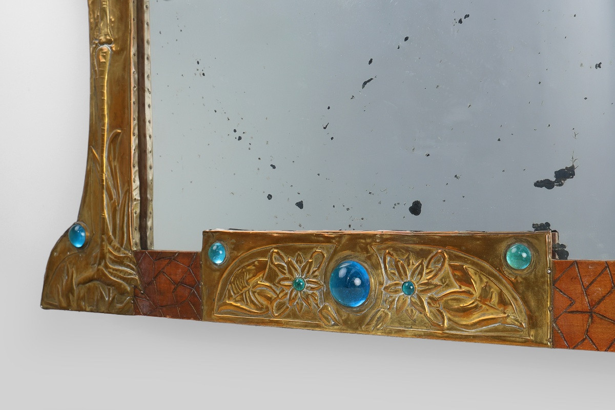 Art Nouveau Mirror In Brass And Glass Marquetry, Signed Ah Villaket, France Circa 1910-photo-3