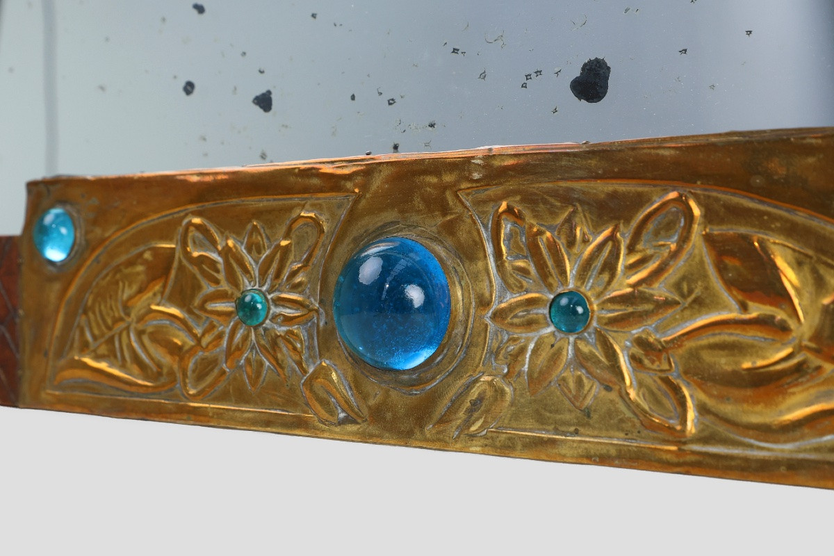 Art Nouveau Mirror In Brass And Glass Marquetry, Signed Ah Villaket, France Circa 1910-photo-4