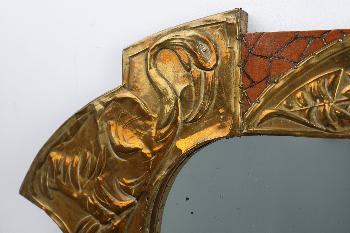 Art Nouveau Mirror In Brass And Glass Marquetry, Signed Ah Villaket, France Circa 1910-photo-5