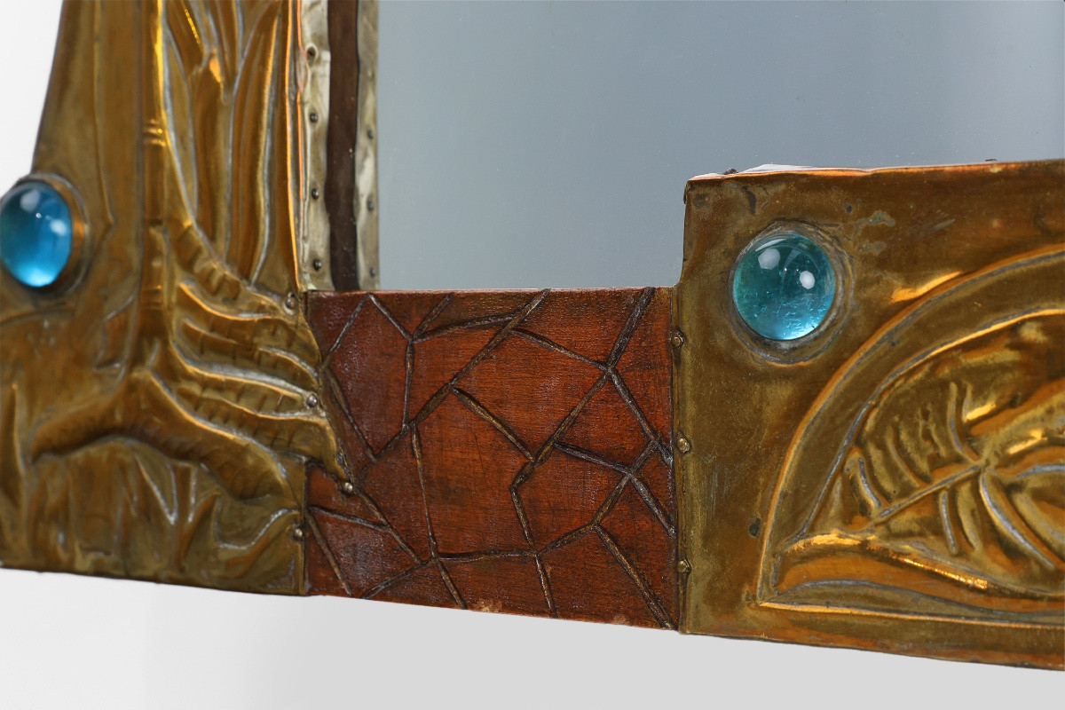 Art Nouveau Mirror In Brass And Glass Marquetry, Signed Ah Villaket, France Circa 1910-photo-6