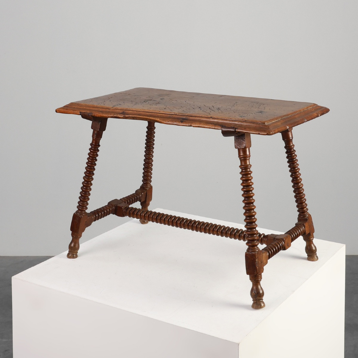 Antique Oak Side Table With Turned Legs And A Stretcher, Spain, 17th Century
