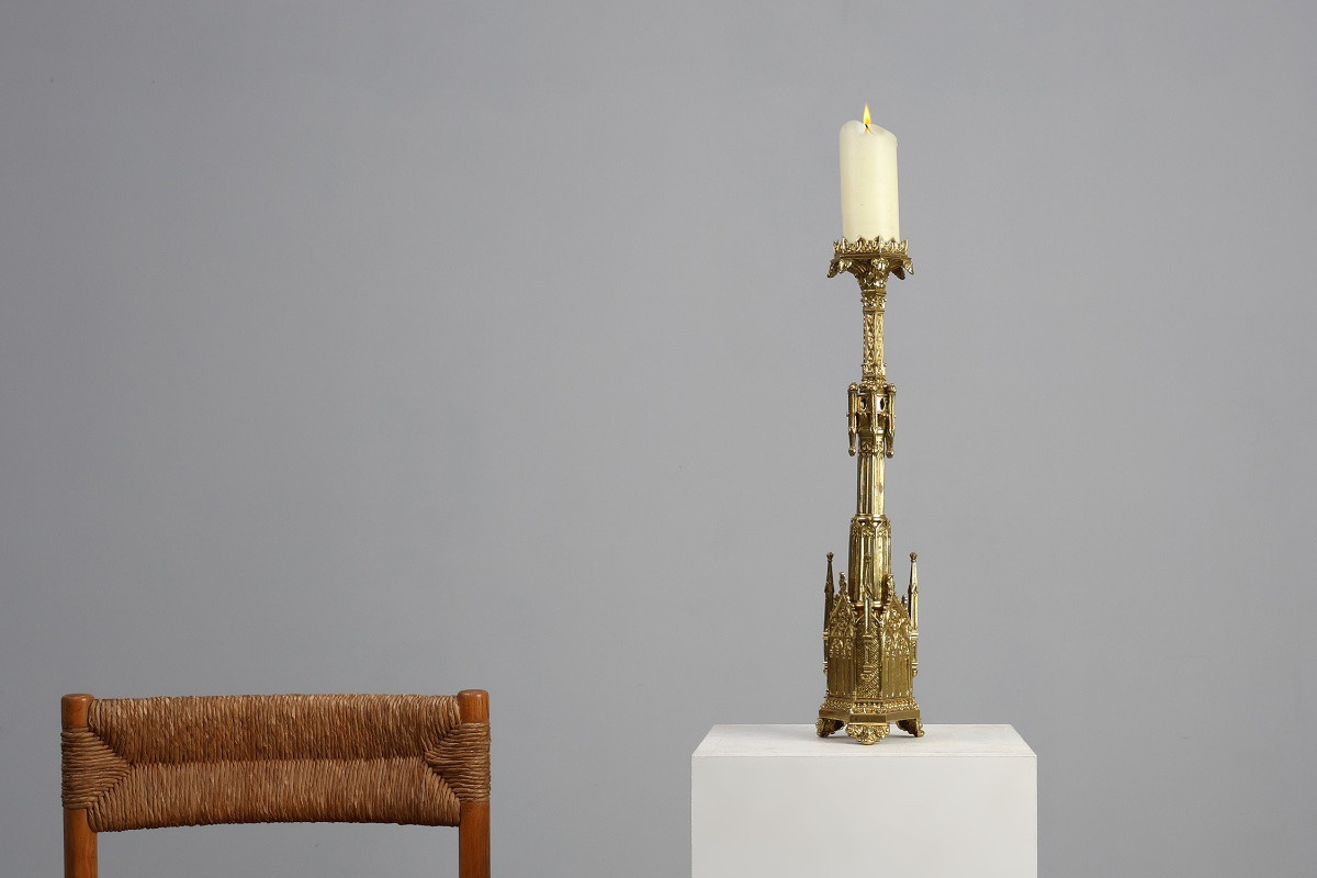 Neogotische koperen kerkkaarsenhouder, gestempeld “LL A Paris”, Frankrijk, ca. 1880-photo-2