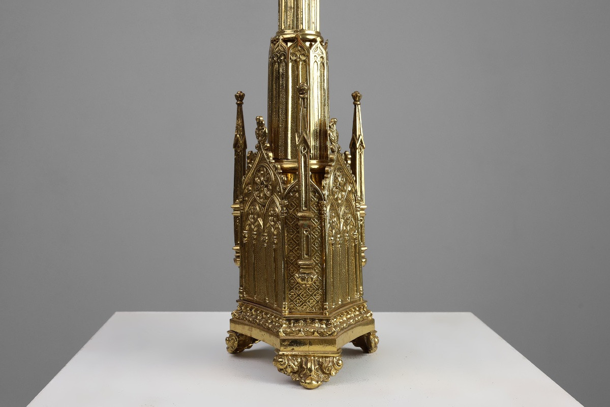 Neogotische koperen kerkkaarsenhouder, gestempeld “LL A Paris”, Frankrijk, ca. 1880-photo-3