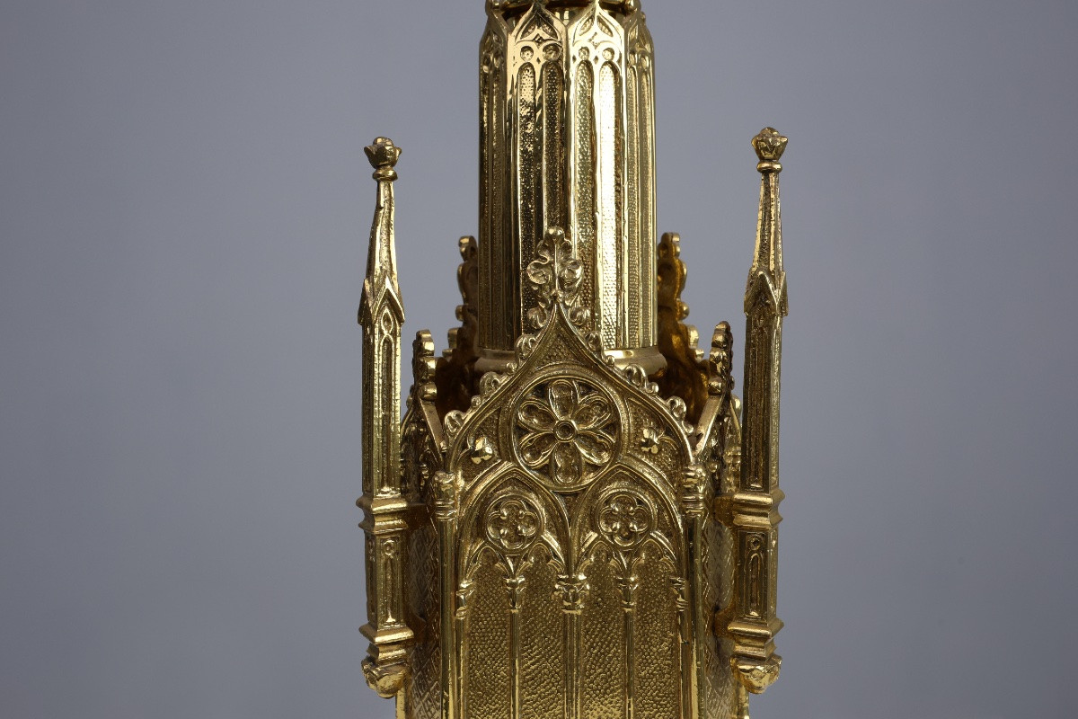 Neogotische koperen kerkkaarsenhouder, gestempeld “LL A Paris”, Frankrijk, ca. 1880-photo-6