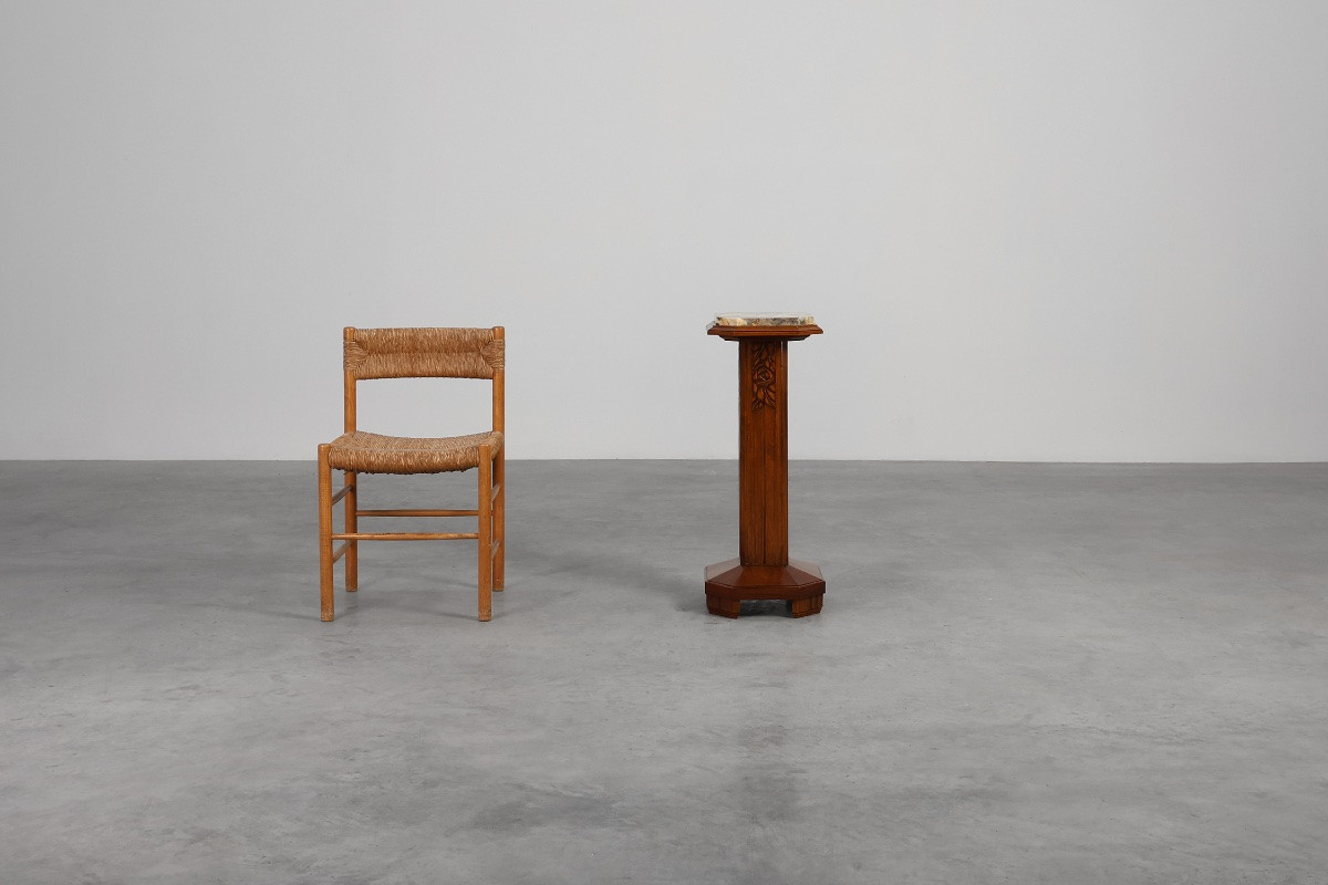 Large Art Deco Pedestal In Oak And Marble, France, 1920s-photo-3