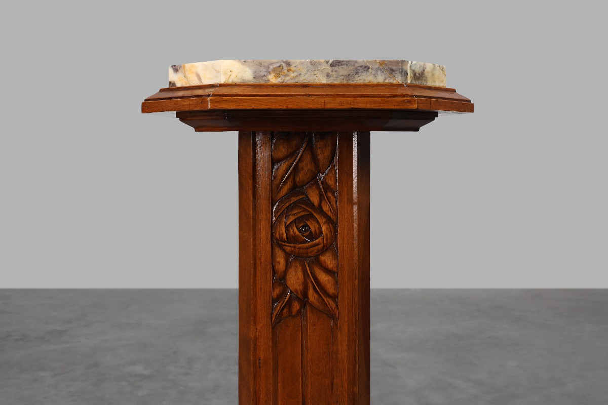 Large Art Deco Pedestal In Oak And Marble, France, 1920s-photo-4