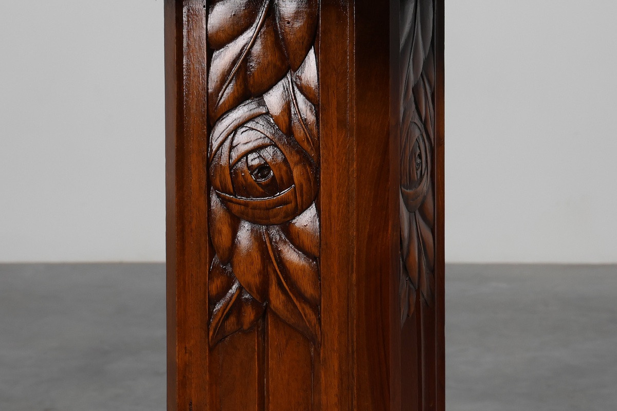 Large Art Deco Pedestal In Oak And Marble, France, 1920s-photo-1