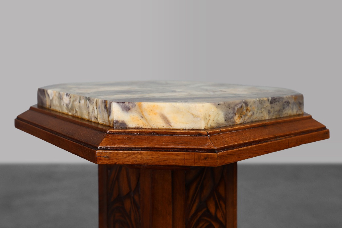 Large Art Deco Pedestal In Oak And Marble, France, 1920s-photo-2