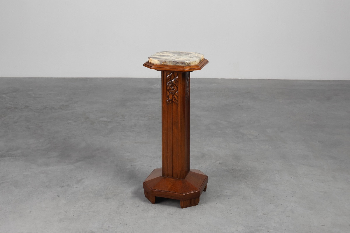 Large Art Deco Pedestal In Oak And Marble, France, 1920s-photo-3