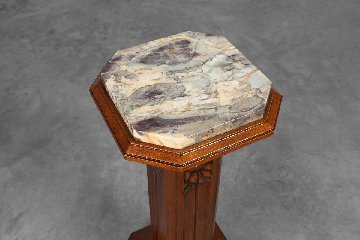Large Art Deco Pedestal In Oak And Marble, France, 1920s-photo-4