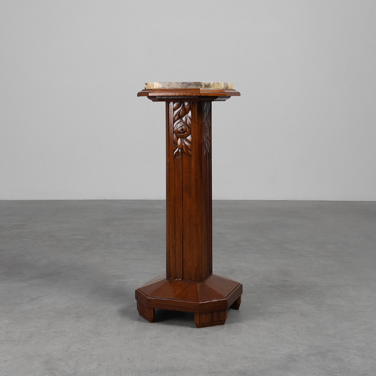 Large Art Deco Pedestal In Oak And Marble, France, 1920s