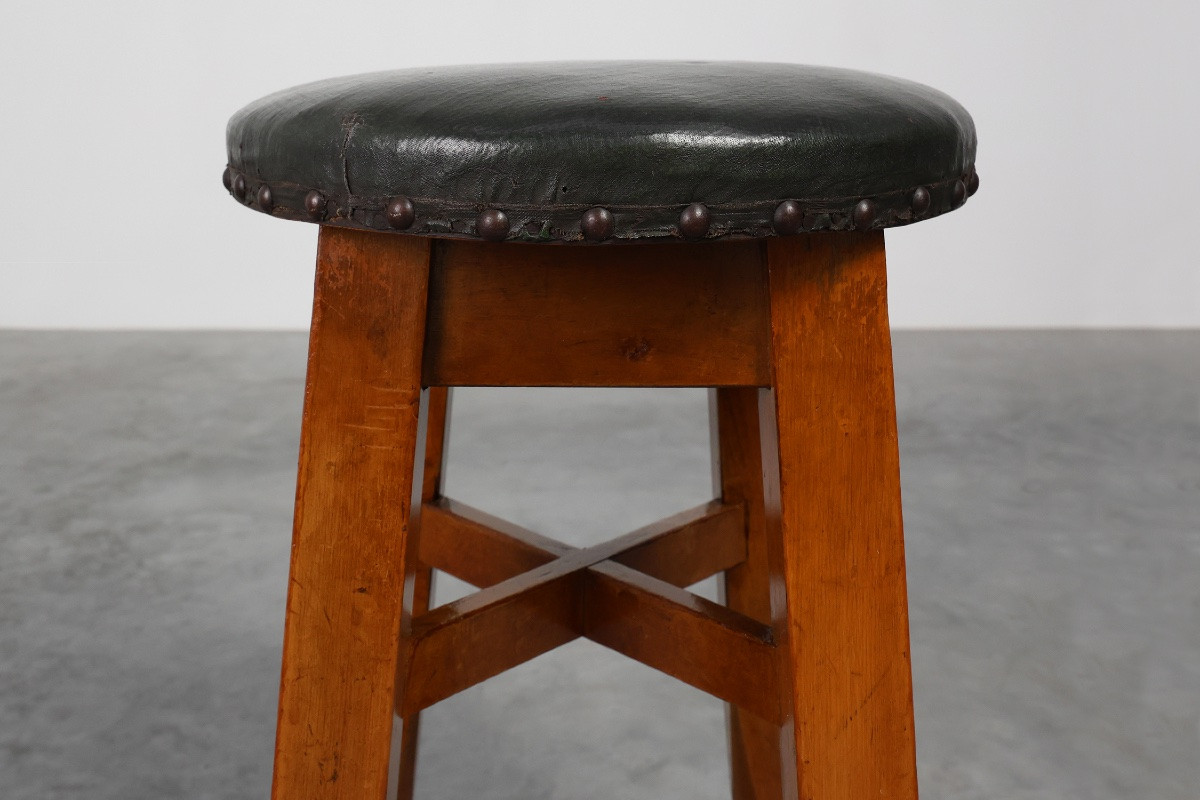 Tabouret en chêne et cuir, début Art Déco & Arts and Crafts, France, années 1920-photo-2